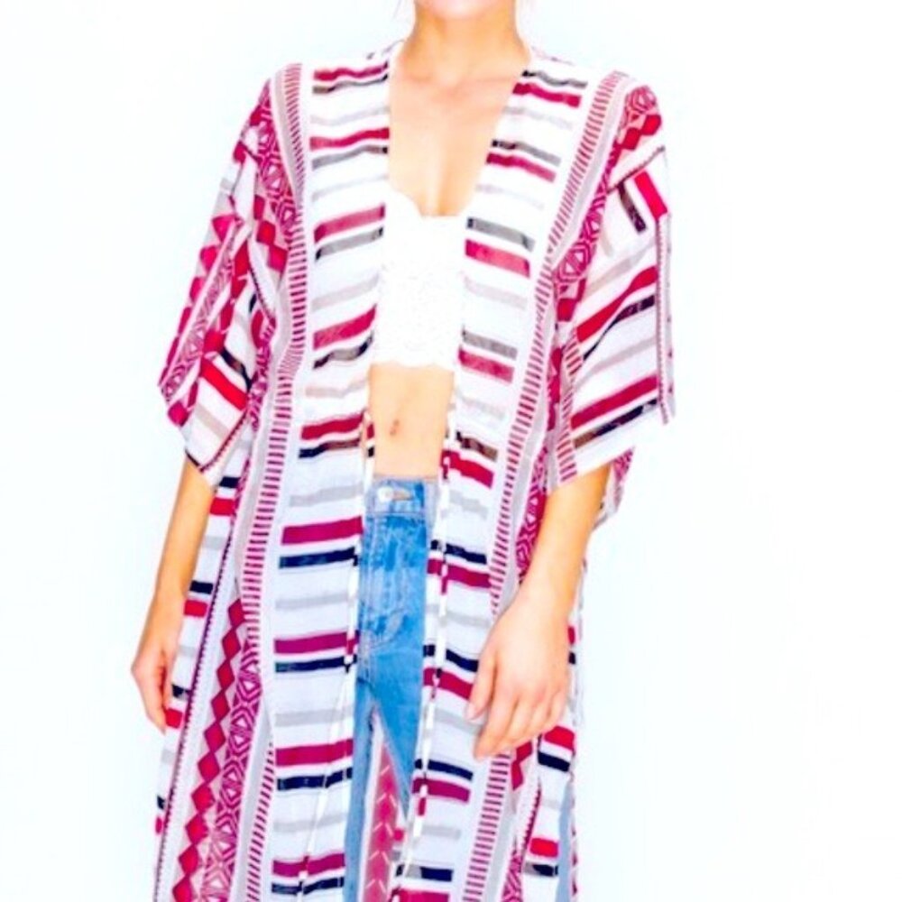 Red Chiffon Boho Stripe Kimono Coverup Beach Cardigan Tie Front Batwing Sleeves